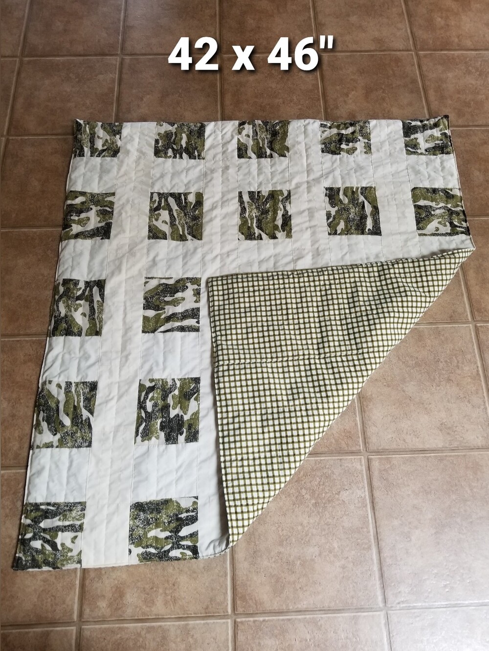 Baby Quilt, Handmade Camouflage Patchwork Cream, Olive Green, Blanket Unisex